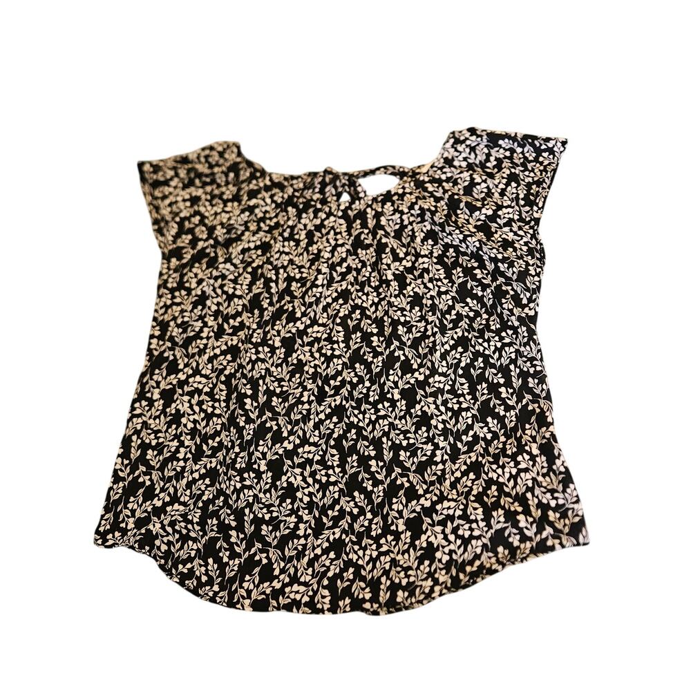 LC Lauren Conrad M Black White Floral Sheer Blouse Tie Neck Lightweight
